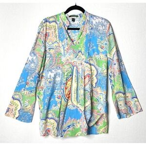 Lauren Ralph Lauren Tunic Top Sz L Blue Paisley Blouse Lightweight Gauze Boho